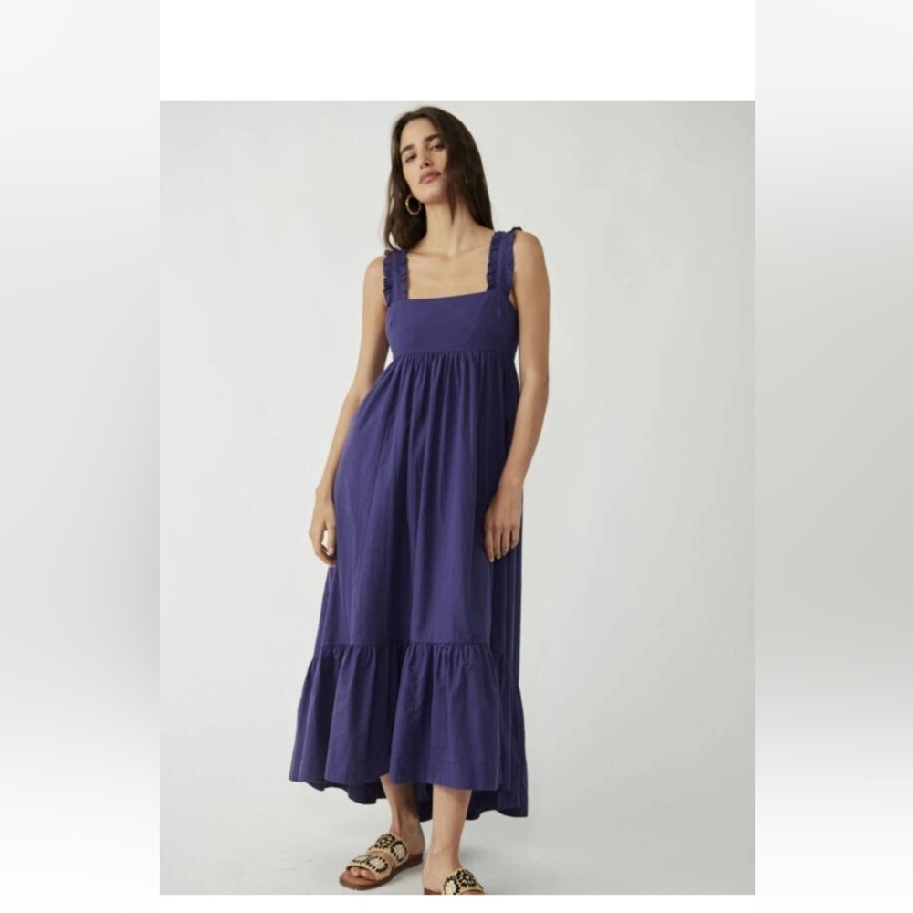 Free People Isabella Ruffled Cotton Blue Depth maxi dress boho summer Sz medium